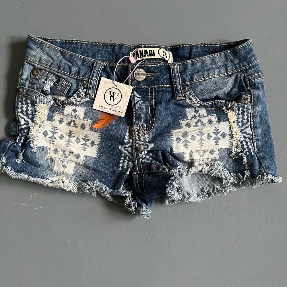 Aztec Print Frayed Hem Denim Shorts - Junior